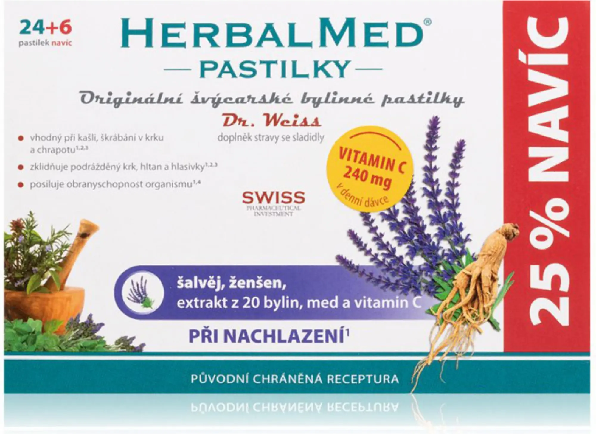 Herbalmed pastilky Dr.Weiss šalvěj ženšen a vitamin C 30 tablet