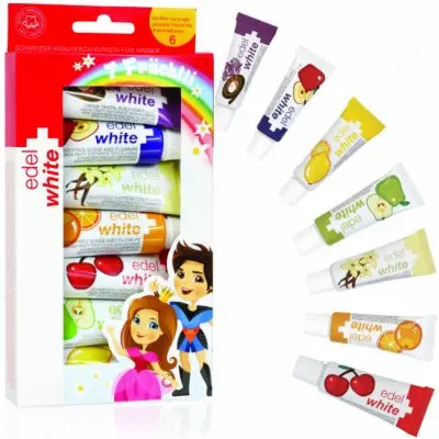 Edel+White dětské dentální pasty s ovocnými příchutěmi 7 x 9,4 ml