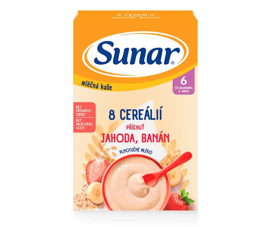 Sunar Mléčná kaše 8 cereálií jahoda/banán 6m+ 210g